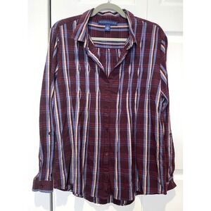 Bandolino Womens Pleated Plaid Button Up Top Size L Dark Academia Preppy Capsule